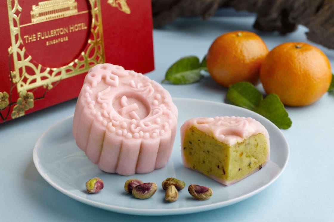 This citrusy mooncake is studded with pistachios