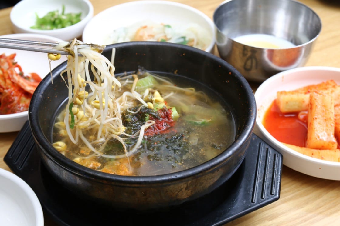 Various types of the Korean hangover soup include a congealed blood soup, pollack soup and bean sprout soup (pictured).