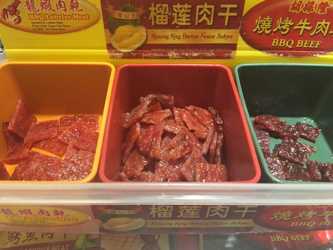 Local bak kwa shop Hu Zhen Long offers durian bak kwa (middle) that is made with Mao Shan Wang durians.