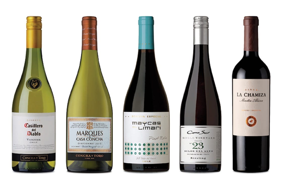 From left: Casillero Del Diablo Viognier, Marques de Casa Concha Chardonnay, Maycas del Limari Reserva Especial Pinot Noir, Cono Sur Single Vineyard ‘Rulos del Alto’ Block 23 Riesling, La Chamiza Martin Alsina Malbec.