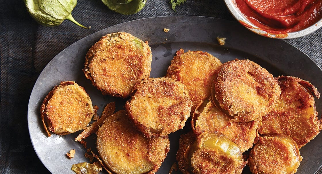 Recipe Fried Green Tomatillos with Ancho Chile BBQ Sauce
