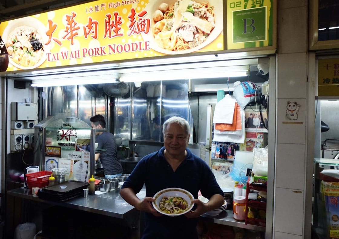 Tai Wah Pork Noodle's Tang Chai Chye with his signature bowl of bak chor mee. (Credit: Kenneth Goh)