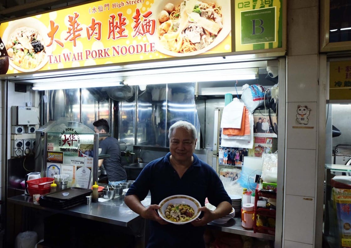 Tai Wah Pork Noodle's Tang Chai Chye with his signature bowl of bak chor mee. (Credit: Kenneth Goh) 