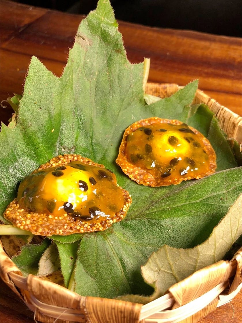 Foxtail millet pumpkin cake with honey butter and passion fruit jam at Akame.