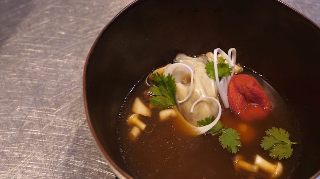 For the Boiled course, chef Aom creates her rendition of Tom Klong Hoy Nangrom that has Jean-Paul Oyster, mushrooms, palm heart and smoked fish.