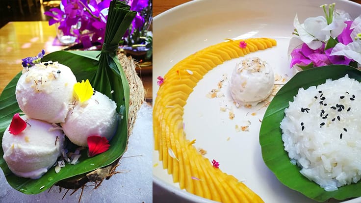 Left: Chim by Siam Wisdom's coconut milk ice cream with floral decoration. <br>Right: Coconut milk ice cream with mango and sticky rice at Chim by Siam Wisdom (One MICHELIN Star).