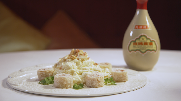 Chinese rose wine is used to make this dish of sautéed fresh milk, crab meat and egg white accompanied with deep-fried pork rolls with preserved bean curd (Pic: MICHELIN Guide Digital)