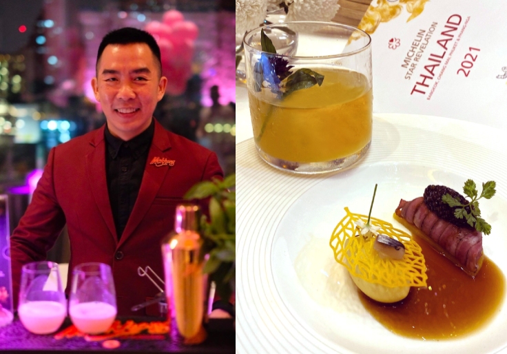 Kitiphum Karnmaitrejit and Mekhong Thai Sabai, a cocktail served at the MICHELIN Guide Thailand Star Revelation 2021.