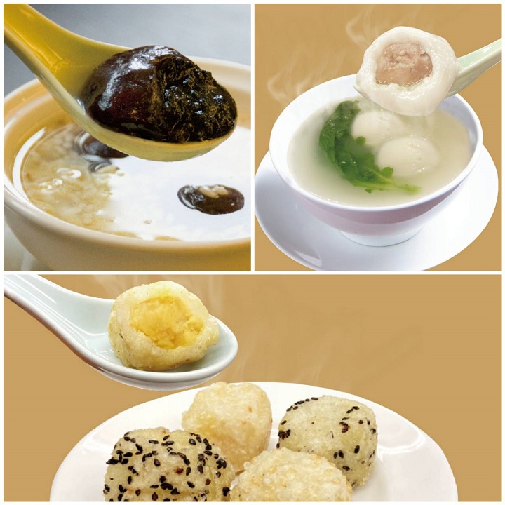 點水樓除了菜單內的紫米酒釀湯圓,每年也會推出不同口味的湯圓或元宵。圖為 2020 年元宵節推出的鹹湯圓、炸元宵,與菜單原來就有的紫米酒釀湯圓。(圖片:點水樓提供)