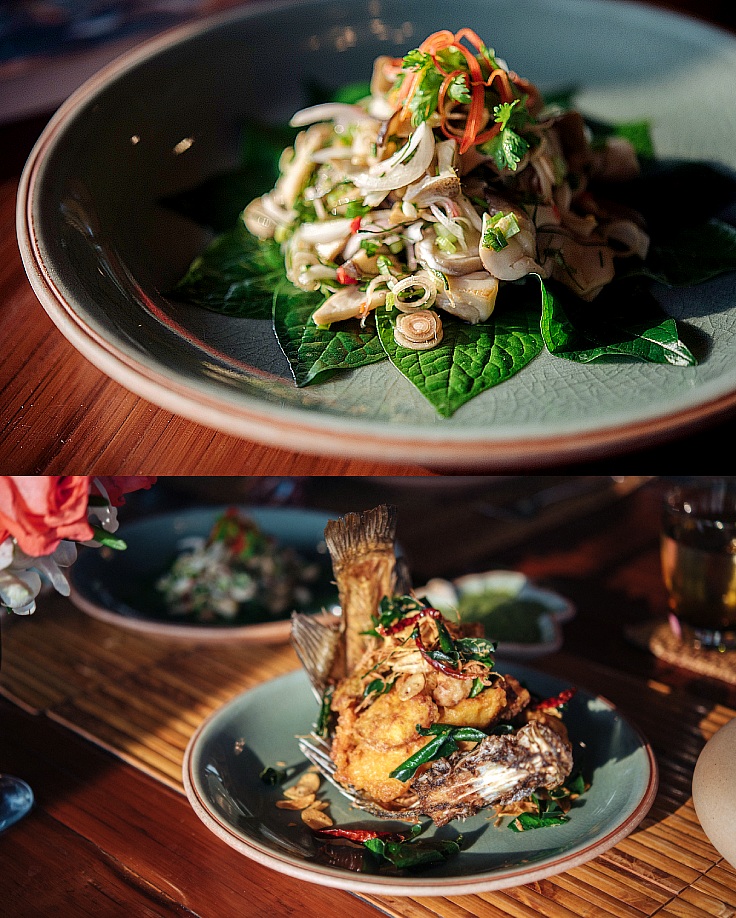 Crispy fish with herbs and spicy grilled mushrooms and herbs salad. (© Anuwat Senivansa Na Ayudhya / MICHELIN Guide Thailand)