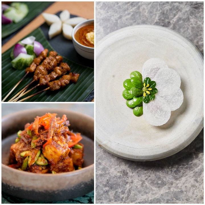 JL Studio's “Everything Stinky” (right). Singapore MICHELIN Plate eatery 168 CMY Satay (top left) and fried petai beans with sambal sauce from one-star Candlenut (bottom left).