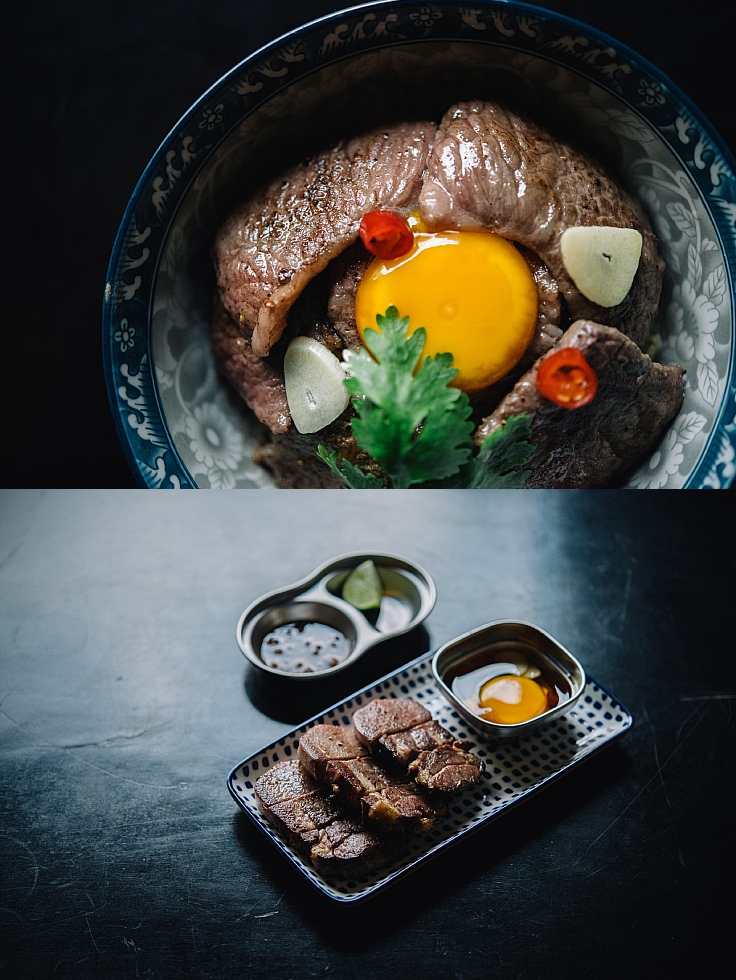 Sam Yot Beef Bowl and 36-hour sous vide grilled ox tongue. (© Anuwat Senivansa Na Ayudhya / MICHELIN Guide Thailand)