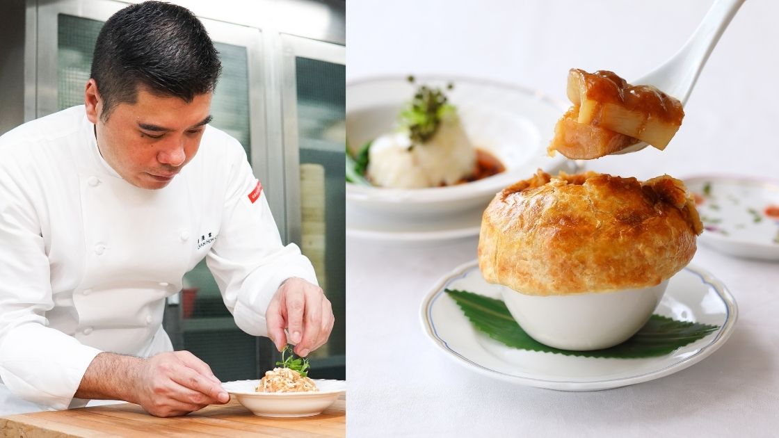 (Left) Chef Chan Hon Cheong; (Right) Braised Australian sea cucumber, pomelo peel, abalone sauce in puff pastry (Photo: Courtesy of One Harbour Road) 