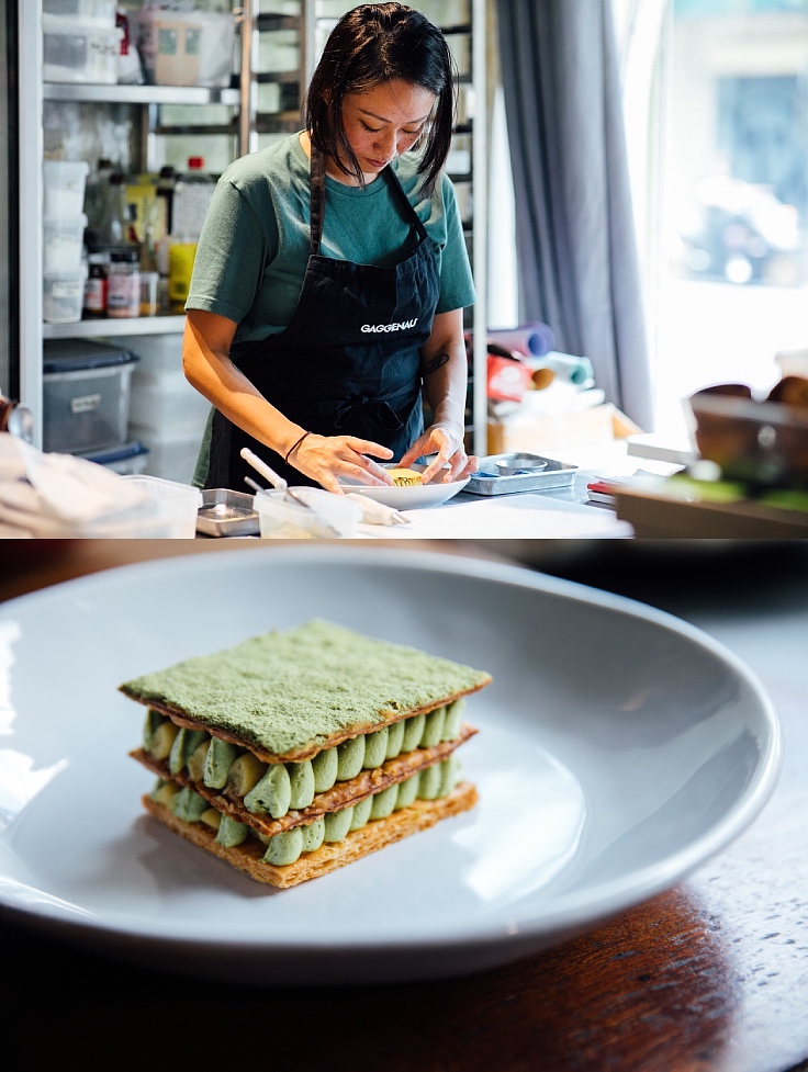 The sweet potato and matcha mille-feuille reminds Chef Hochino of her mother. (© Akkapat Inthuprapa/ MICHELIN Guide Thailand)