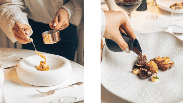 Semoule de Butternut à la marjolaine, bar fumé à la graine de courge, sabayon et citron vert / Filet de canette, Chutney de figues à la cardamome, panais à la noisette cazette © Florian Domergue