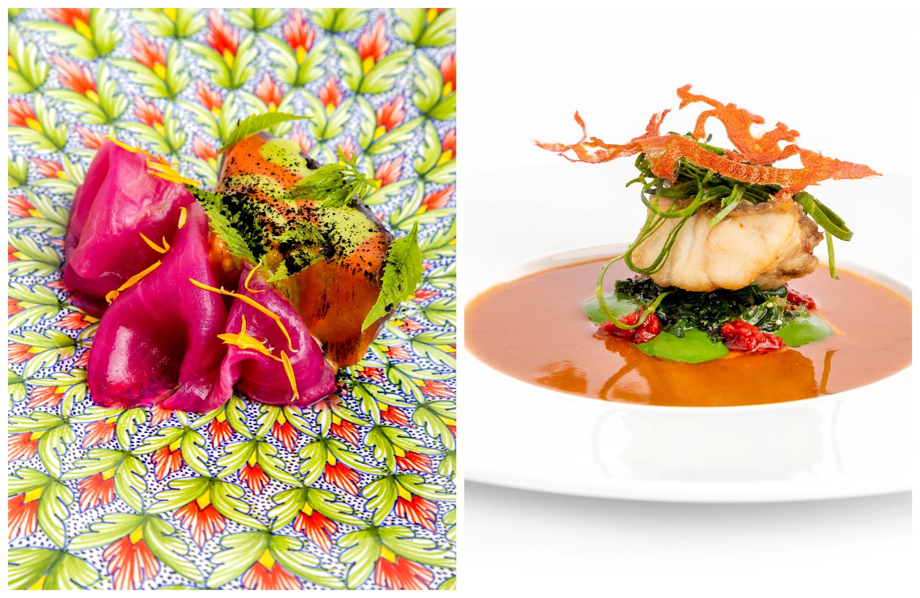 At Enoteca Pinchiorri, Florence, savor Italian gourmet cuisine with a refined melanzana alla parmigiana and perfectly cooked filetto di scorfano, featuring cacciucco reduction, mustard greens, and smoked tomato oil. © Enoteca Pinchiorri