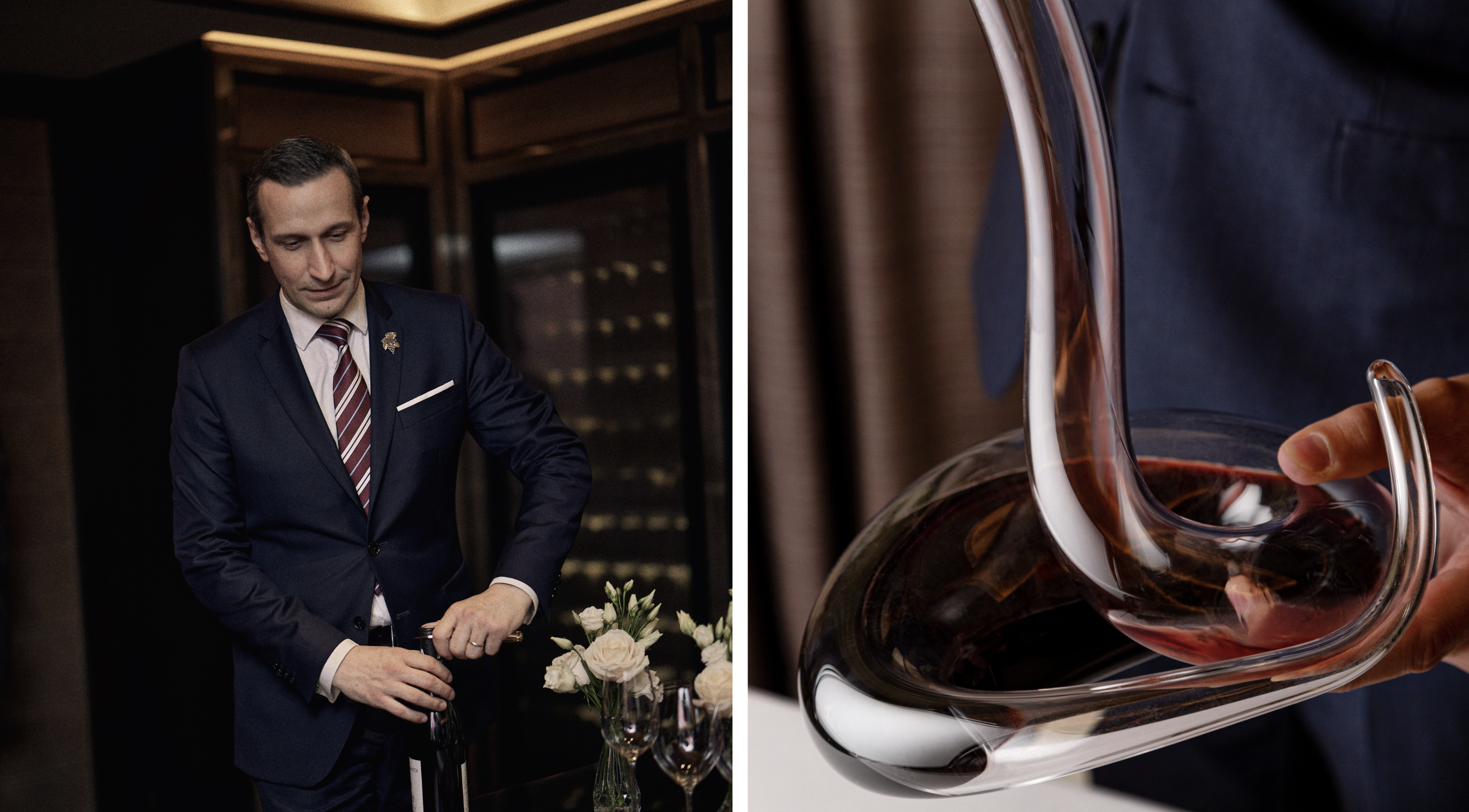 La Cave du Crillon : à gauche, Xavier Thuizat © Lauren Luxenberg et à droite détail du service du vin © Victor Bellot