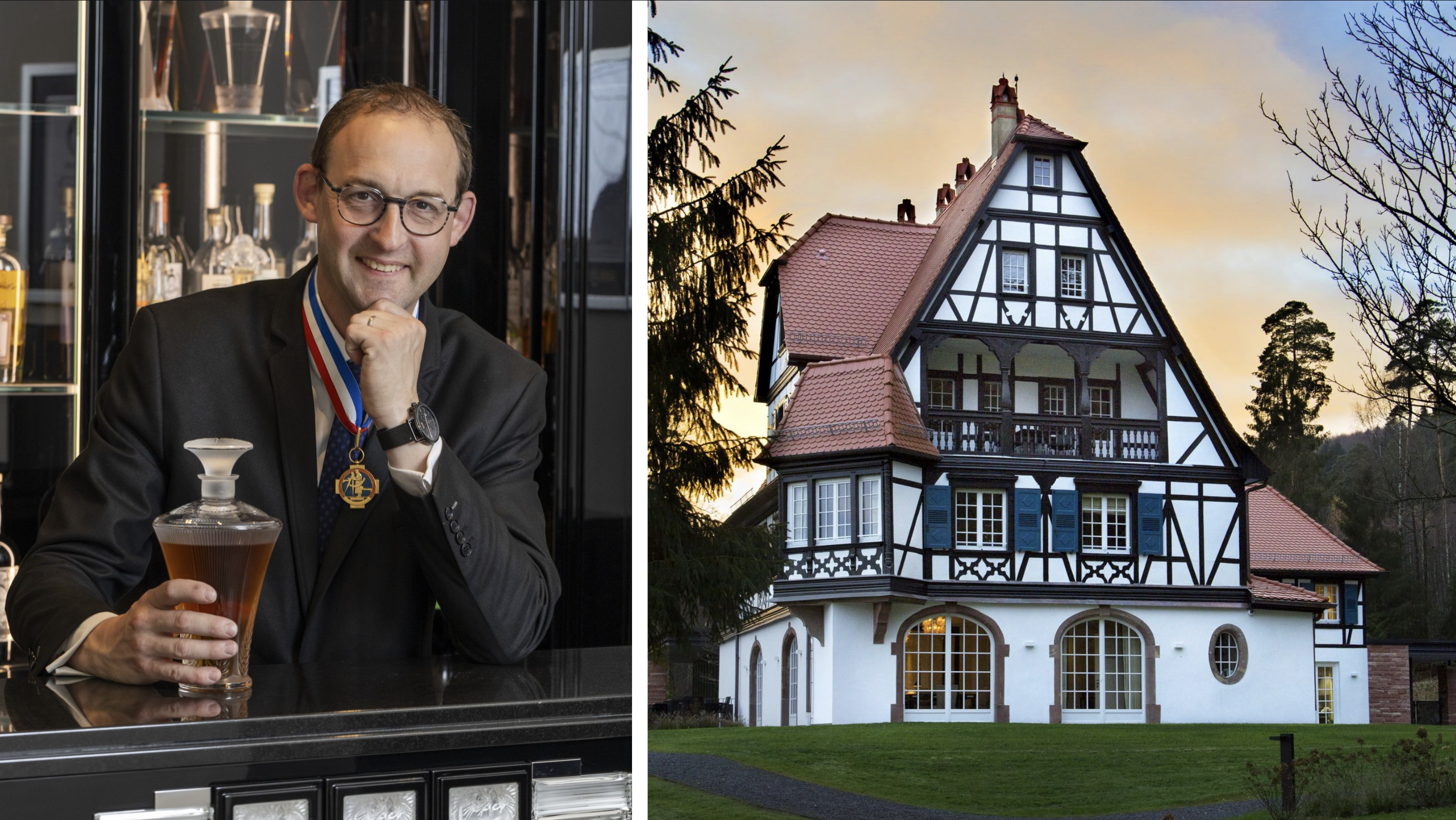 Le chef sommelier Romain Iltis et l'extérieur de la Villa René Lalique © Karine Faby