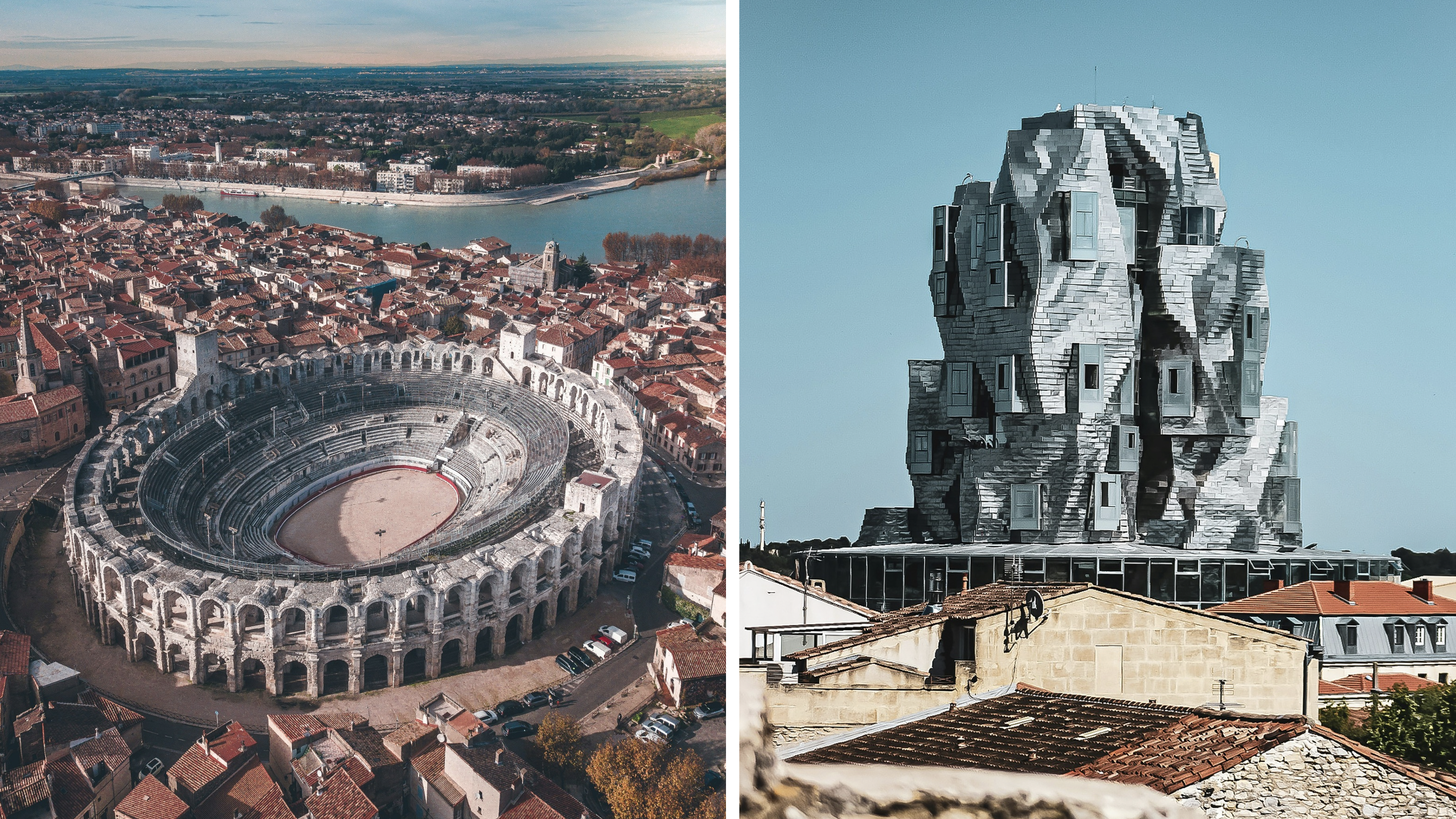 À gauche, vue des arènes d'Arles (DR : Lucas Miguel/Unsplash). À droite, la tour Luma (DR : Baptiste Buisson / Unsplash)