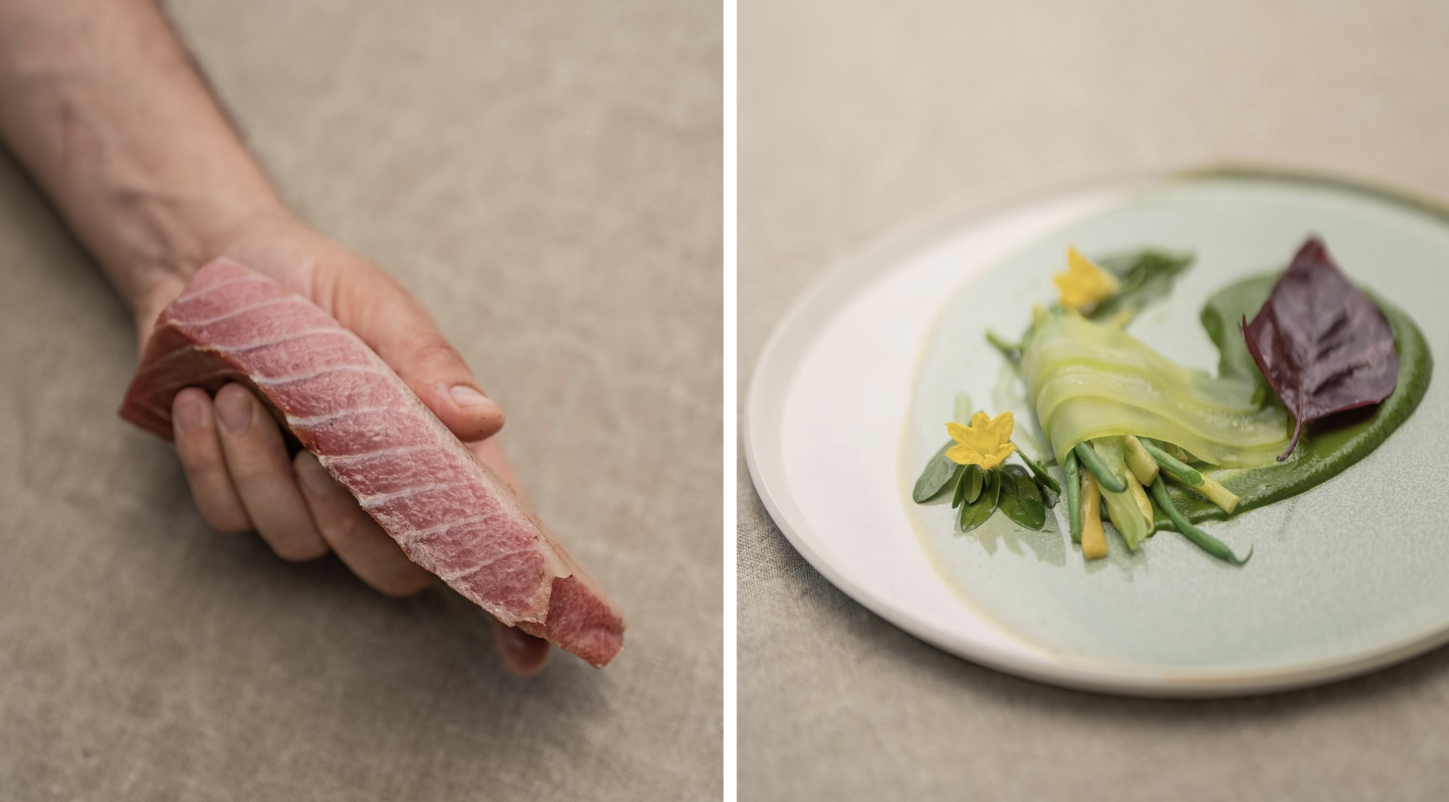 Thon bleu de Méditerranée (à gauche) et légumes du potager (à droite) © La Chassagnette
