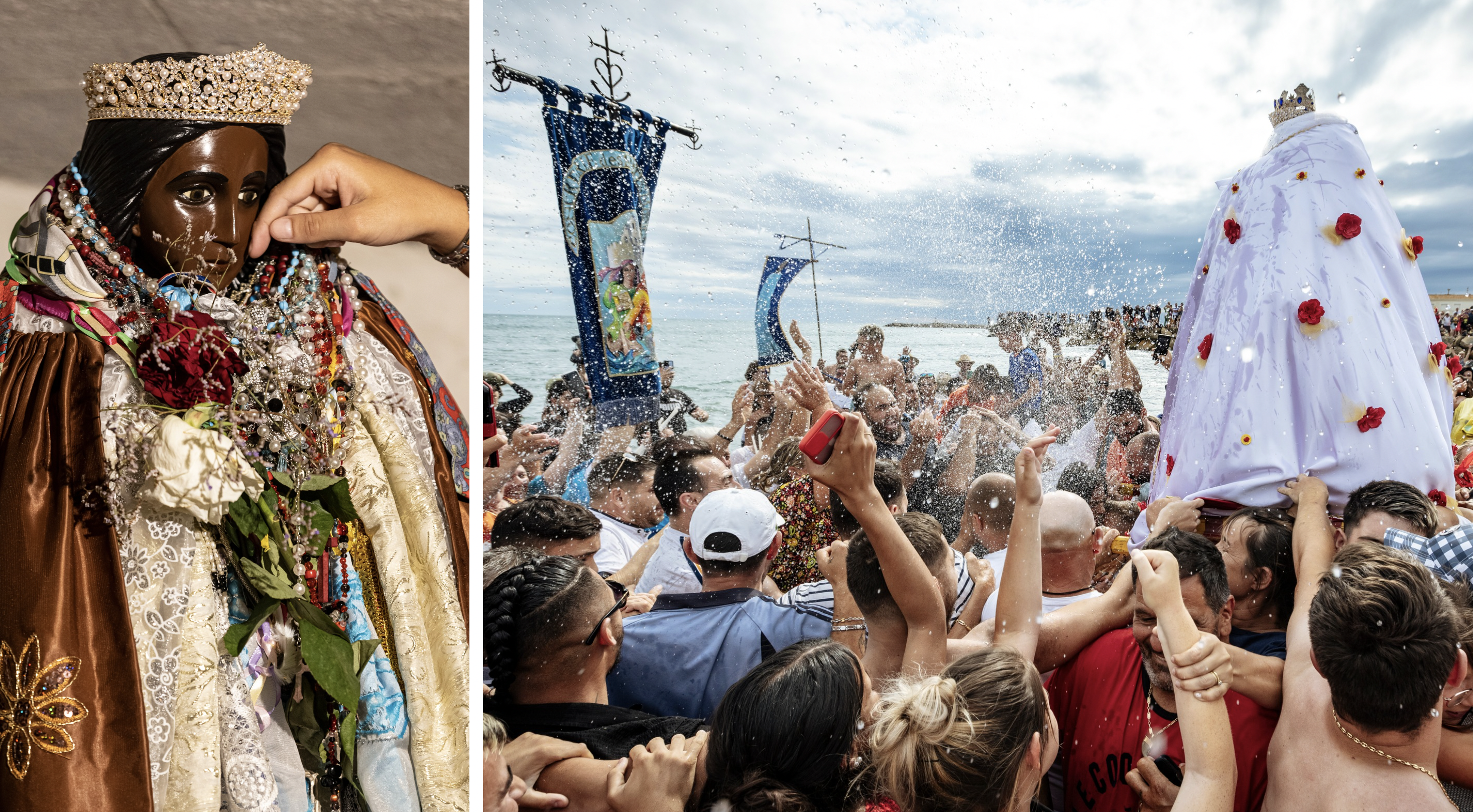 Sara la Noire est une sainte vénérée par la communauté des Gitans aux Saintes-Maries-de-la-Mer, en Camargue. Lors du grand pèlerinage annuel, sa statue parée de robes multicolores et de bijoux est bénite dans l'eau salée © G.Lefrancq-OTSMM