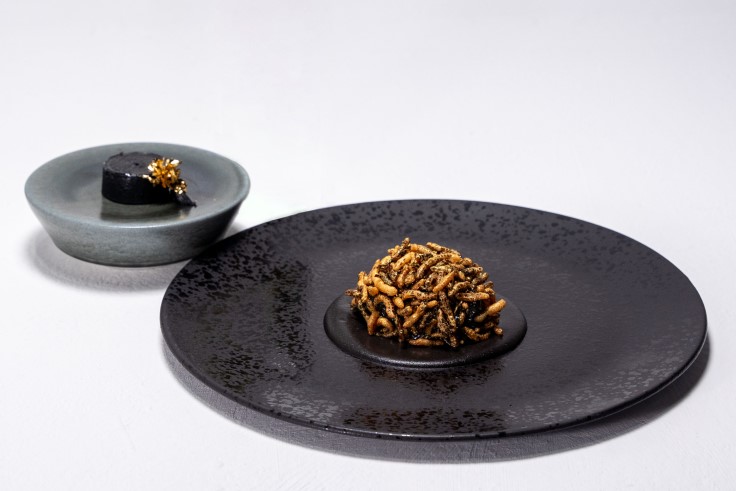 'Barbecued Maitake Mushroom, Black Bean Mole, Kimchi, Aioli and Puffed Rice' at Plates London. © Optomen television ltd