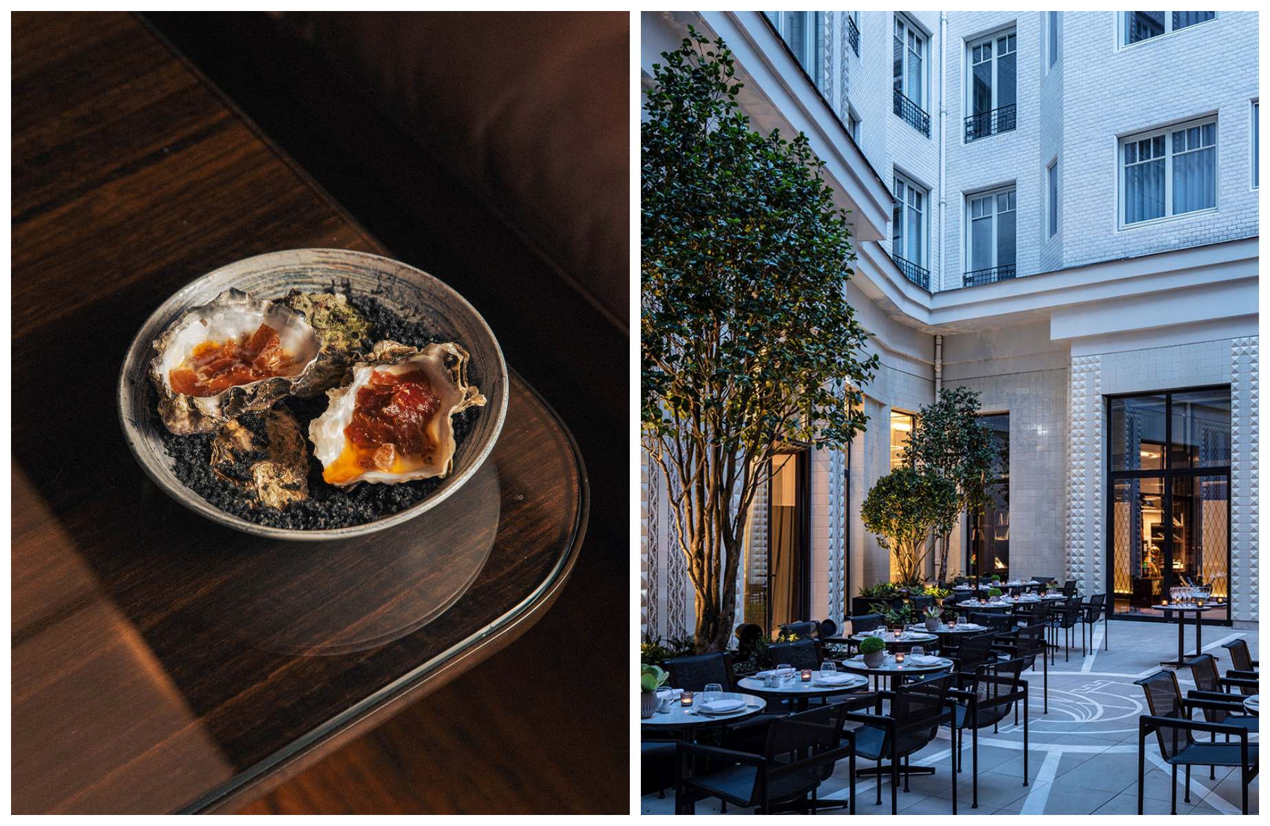An oyster dish by Chef Florent Pietravalle and the courtyard restaurant at the Mandarin Oriental Lutetia, Paris. © Florian Domergue