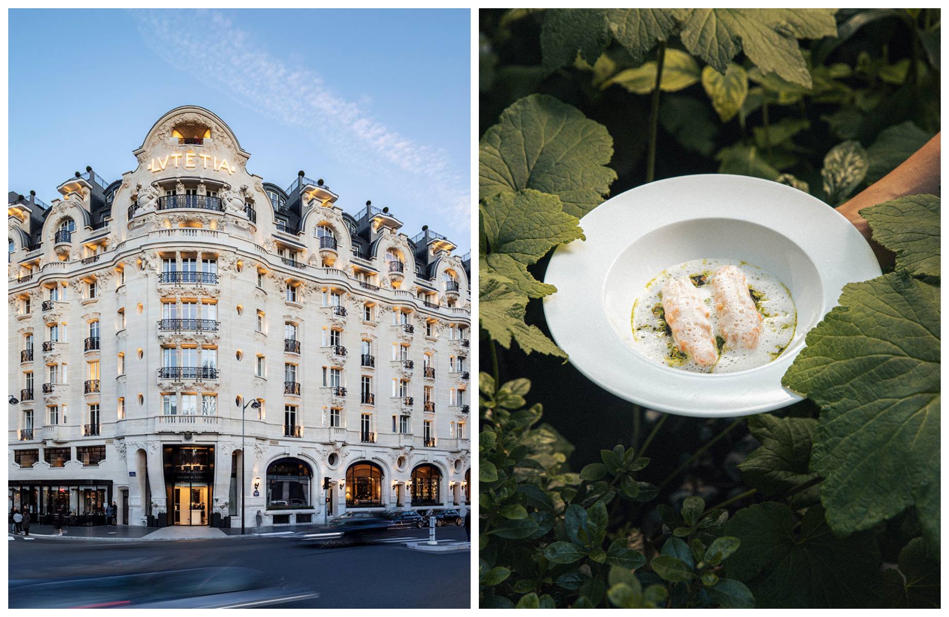 The Art Deco exterior of the Mandarin Oriental Lutetia, Paris and a dish with Mediteranean influences by Chef Florent Pietravalle. © Florian Domergue