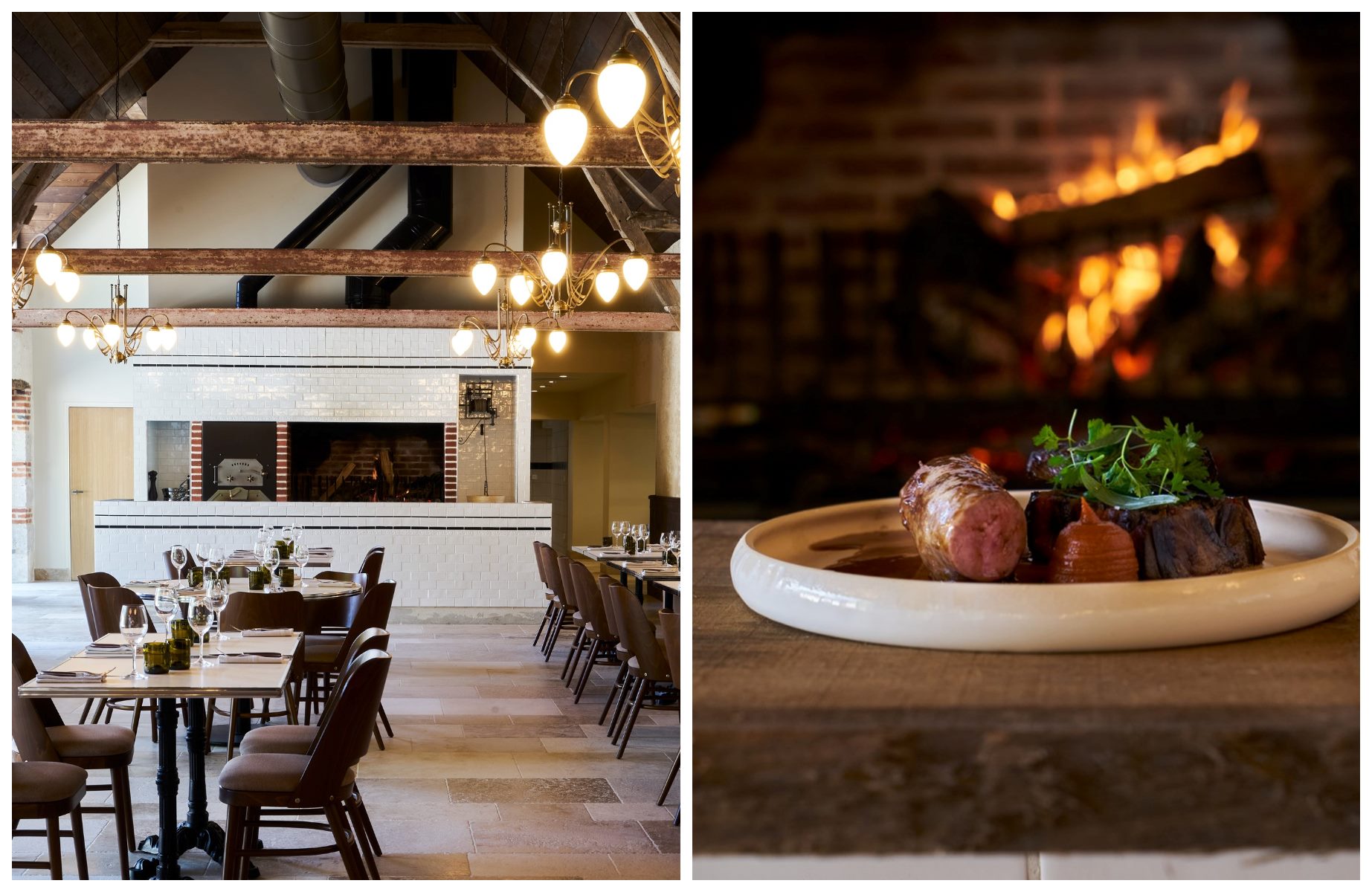 The pared-back dining room with a full working fire at L'Auberge, Les Sources de Cheverny. © MPMorel/L'Auberge - Les Sources de Cheverny