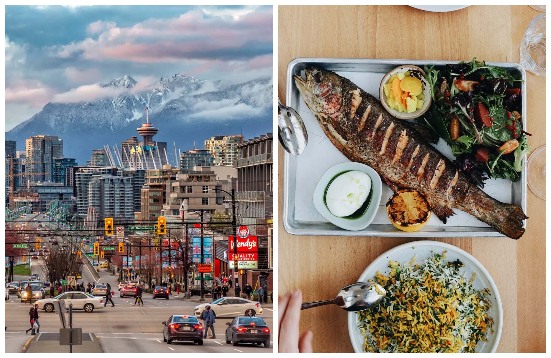 The Vancouver skyline against a backdrop of mountains, plus fresh produce to feast on. © (L) Aolin Chen / iStock ; (R) Eva McMillan/Delara