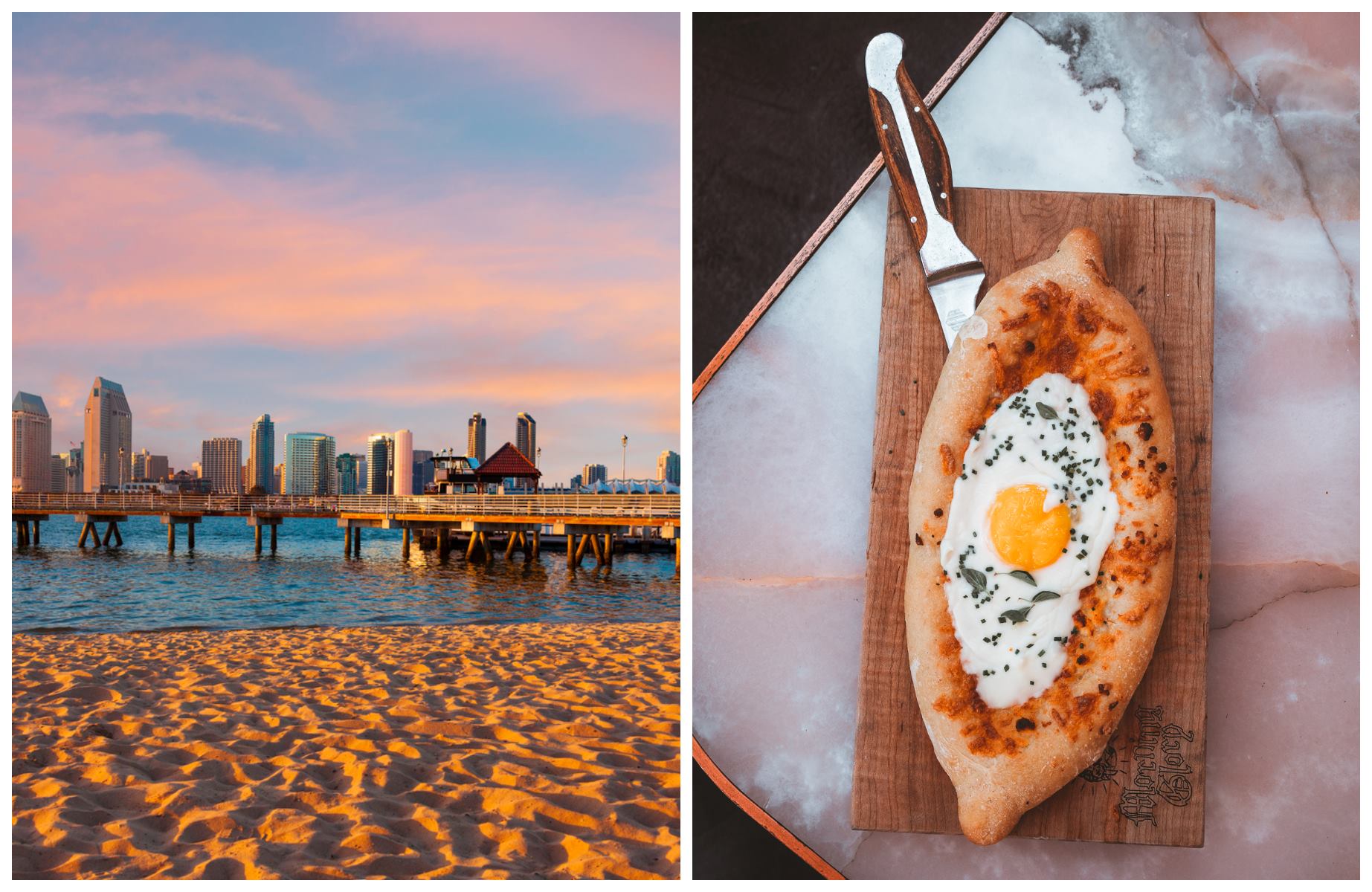 The San Diego skyline from the beach and some tasty kid-friendly brunch nibbles. © (L) Ron and Patty Thomas/iStock ; (R) Shannon Partrick/Morning Glory