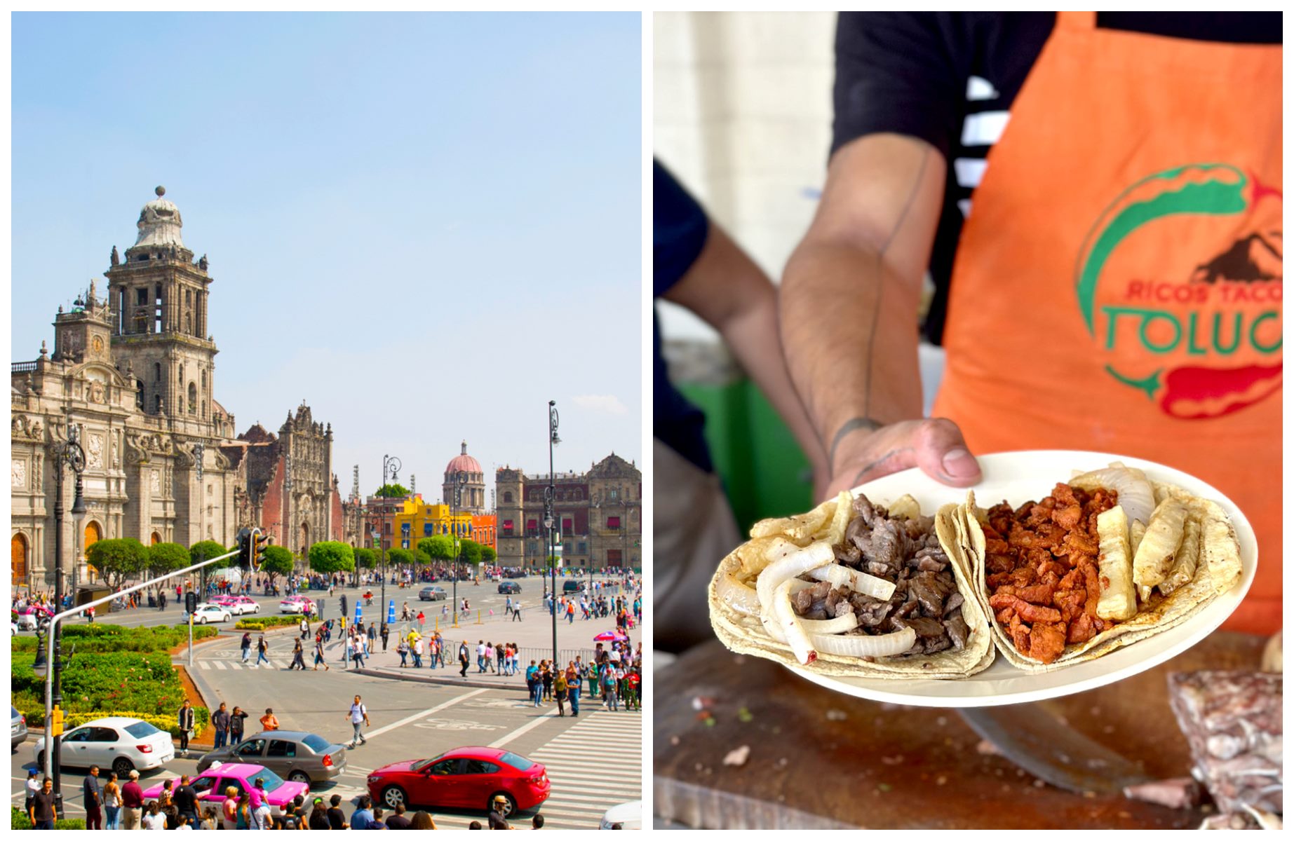 With heaps of sites for little explorers and tasty dishes like tacos of all kinds, you can't go wrong with Mexico City. © (L) Mexico City, Zocalo square, AscentXmedia / Istock ; (R) Kely Serrano/Ricos Tacos Toluca