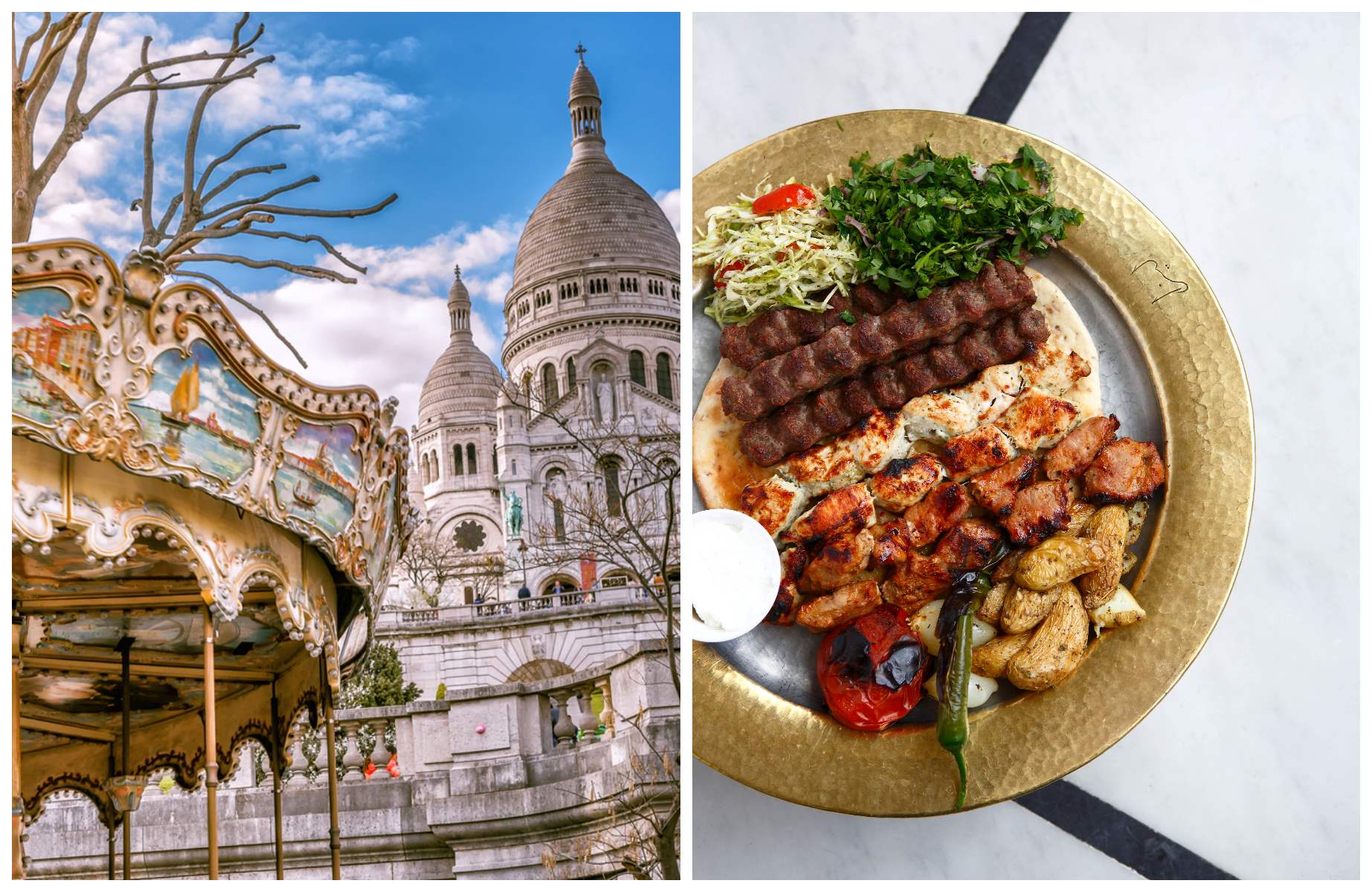 Paris has lots of squares with swings and slides, as well as merry-go-rounds kids love. Lebanese restaurant Liza is also great for kids for its mezze portions. © (L) golero / iStock ; (R) Rina Nurra/Liza