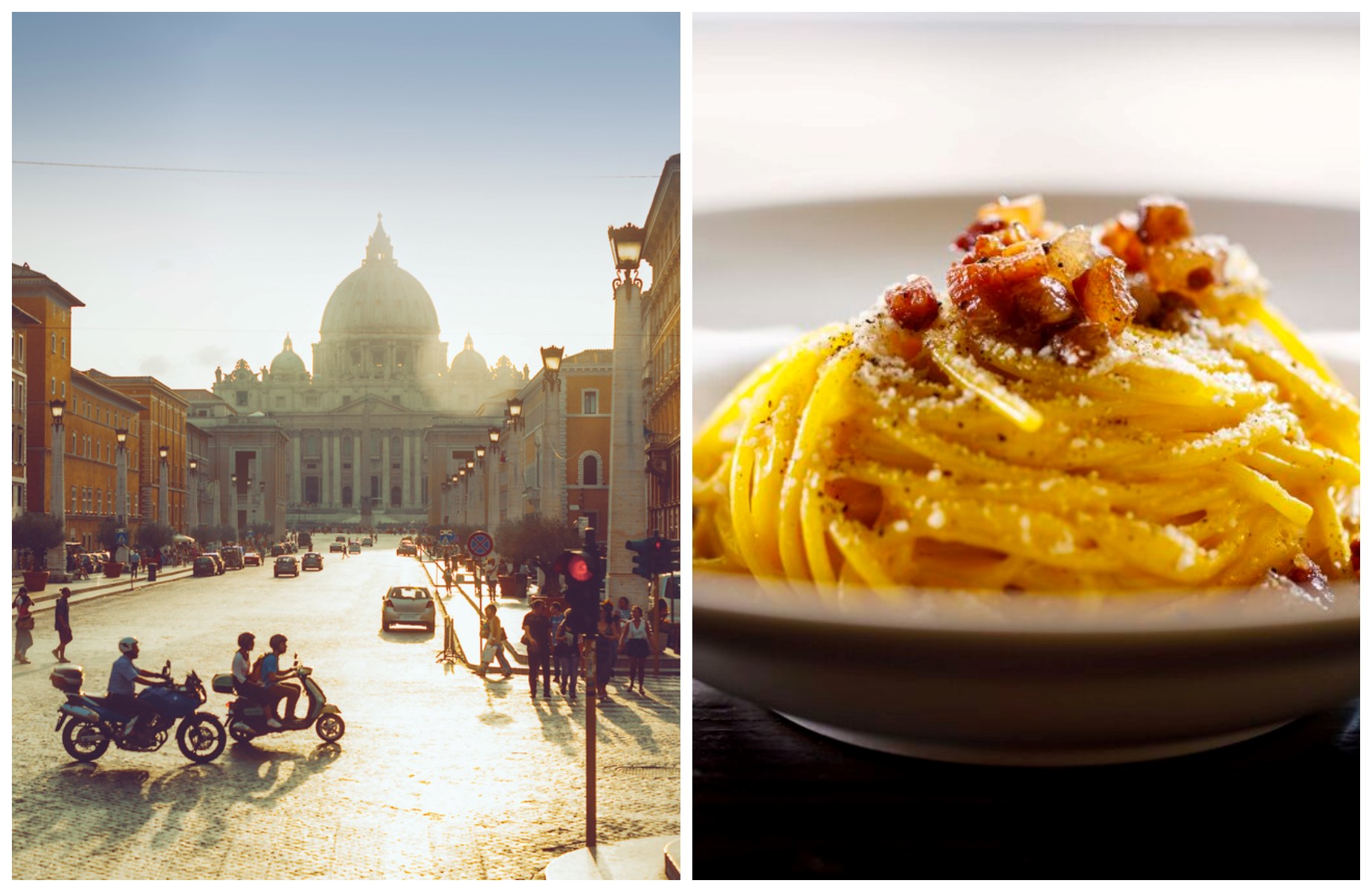 The golden light in the streets of Rome and a plate of tasty carbonara pasta sprinkled with parmesan cheese, which is a favorite with kids. © (L )Eva-Katalin / iStock ; (R) Adriana Forconi/Hosteria Grappolo d'Oro