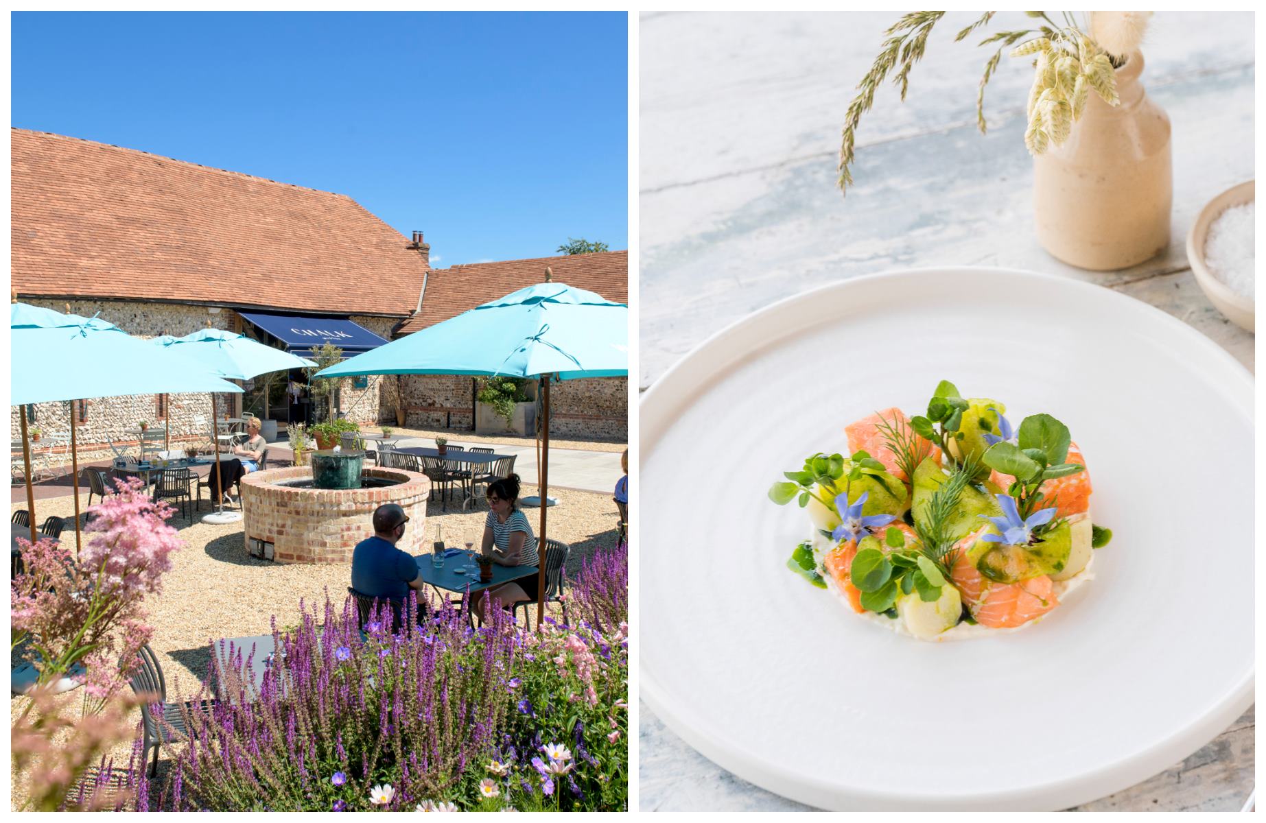 At Winston Estate in Sussex, savor sparkling wines from estate-grown Champagne grapes paired with seasonal dishes in the farmhouse-inspired Chalk restaurant. © (L) Jo Hunt/(R) Xavier Buendia/Chalk