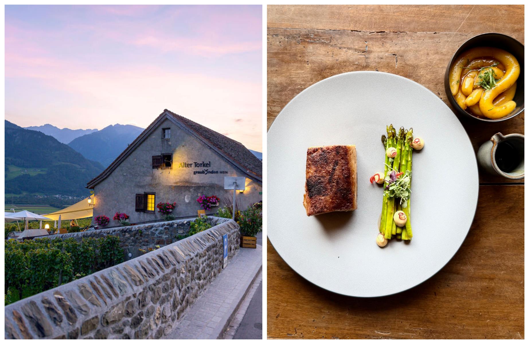 Nestled in Graubünden’s vineyards, Alter Torkel pairs Chef David Esser’s seasonal cuisine with a curated selection of over 1,500 regional pinot noirs, all enjoyed on a sunlit terrace. © (L) Kevin Wildhaber/ (R) Oliver Friedrich/Alter Torkel - Huus vum Bündner Wii