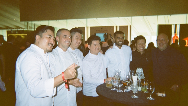 L-R: Chefs Sun Kim, Julien Royer, Kevin Wong, Zor Tan, Mano Thevar, LG Han, and Christophe Lerouy (Photo by Long Tran of 1-Star and Green Star Seroja)
