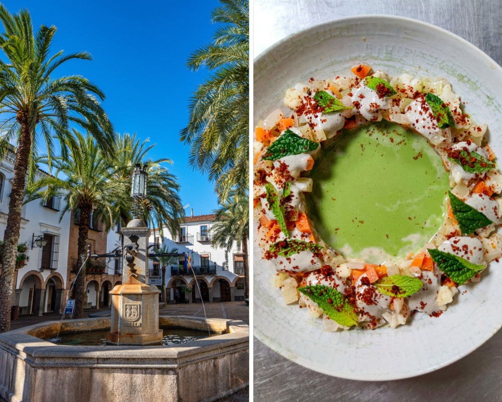 La Gran Plaza de Zafra, en Extremadura, y una de las propuestas del restaurante acebuche, que ofrece la posibilidad de pedir medias raciones. © Izquierda: Antonio Lopez Velasco/iStock. / Derecha: © acebuche