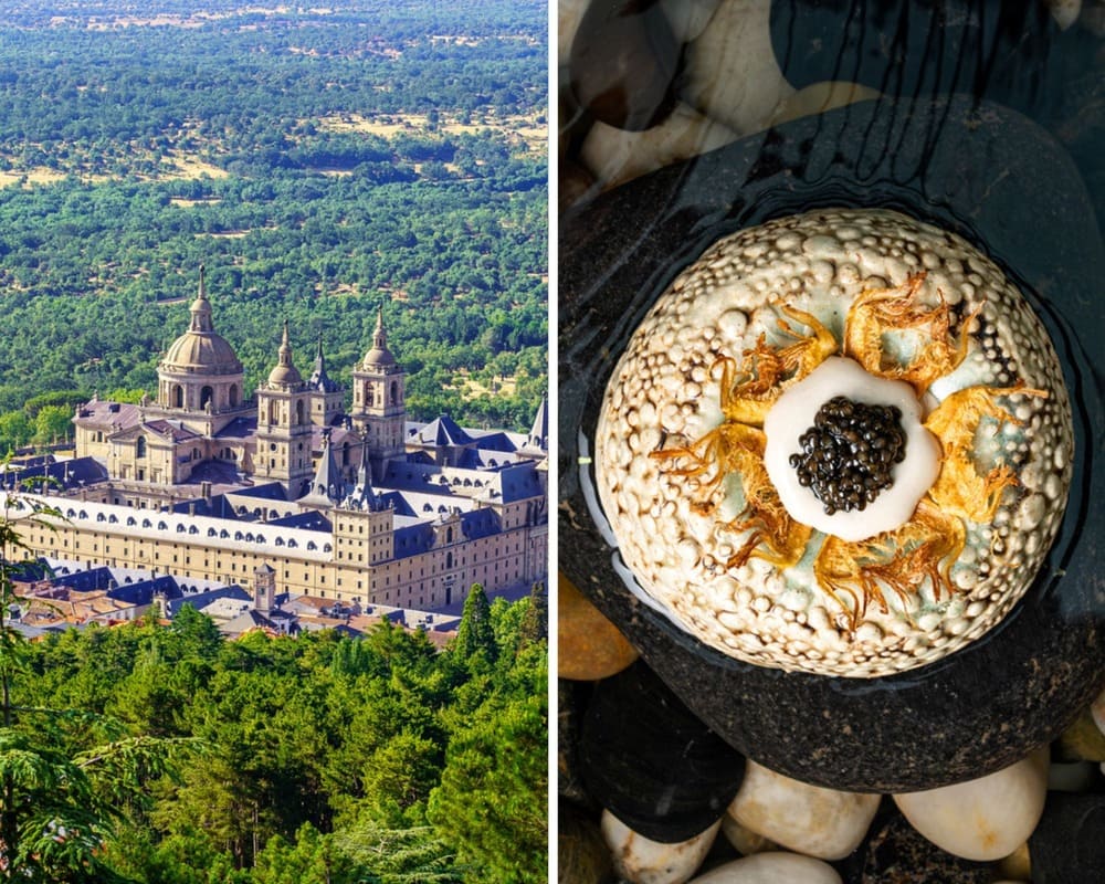 Monasterio de El Escorial, Patrimonio de la Humanidad, y una de las propuestas del restaurante Montia, defensor del producto local, con una Estrella MICHELIN. © Izquierda: Jose Miguel Sanchez/iStock. / Derecha: © Narrativas Comunicación/Montia