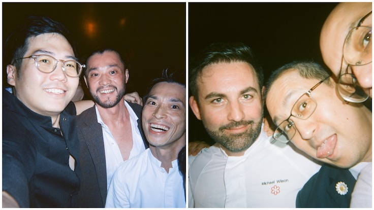 L: Chef Nicolas Tam and 1-Star Esora's Shotaro Aoki and chef Araki Takeshi (Photo by Nicolas Tam of 1-Star Willow); R: Chef Michael Wilson, Tron Young, and a sliver of chef Ivan Brehm (Photo by Ivan Brehm of 1-Star Nouri)