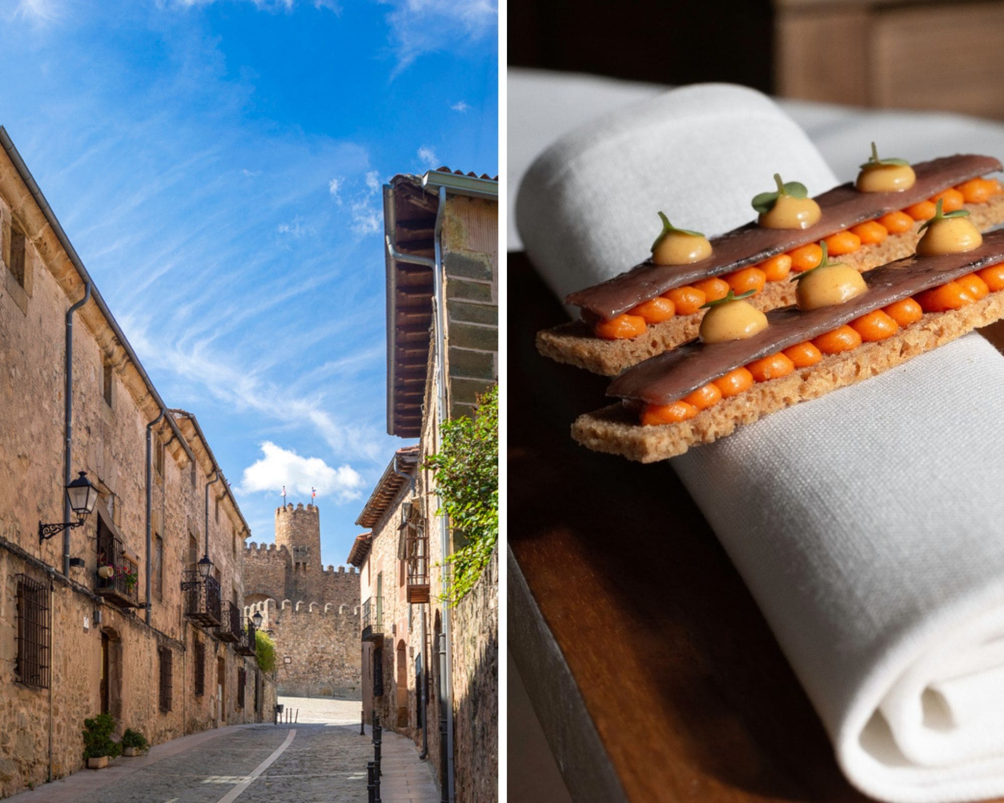 Calle Mayor de Sigüenza, en Guadalajara, y la cocina moderna de base tradicional de El Molino de Alcuneza. © Izquierda: Antonio Lopez Velasco/iStock. / Derecha: Jaime D. Nevado/El Molino de Alcuneza