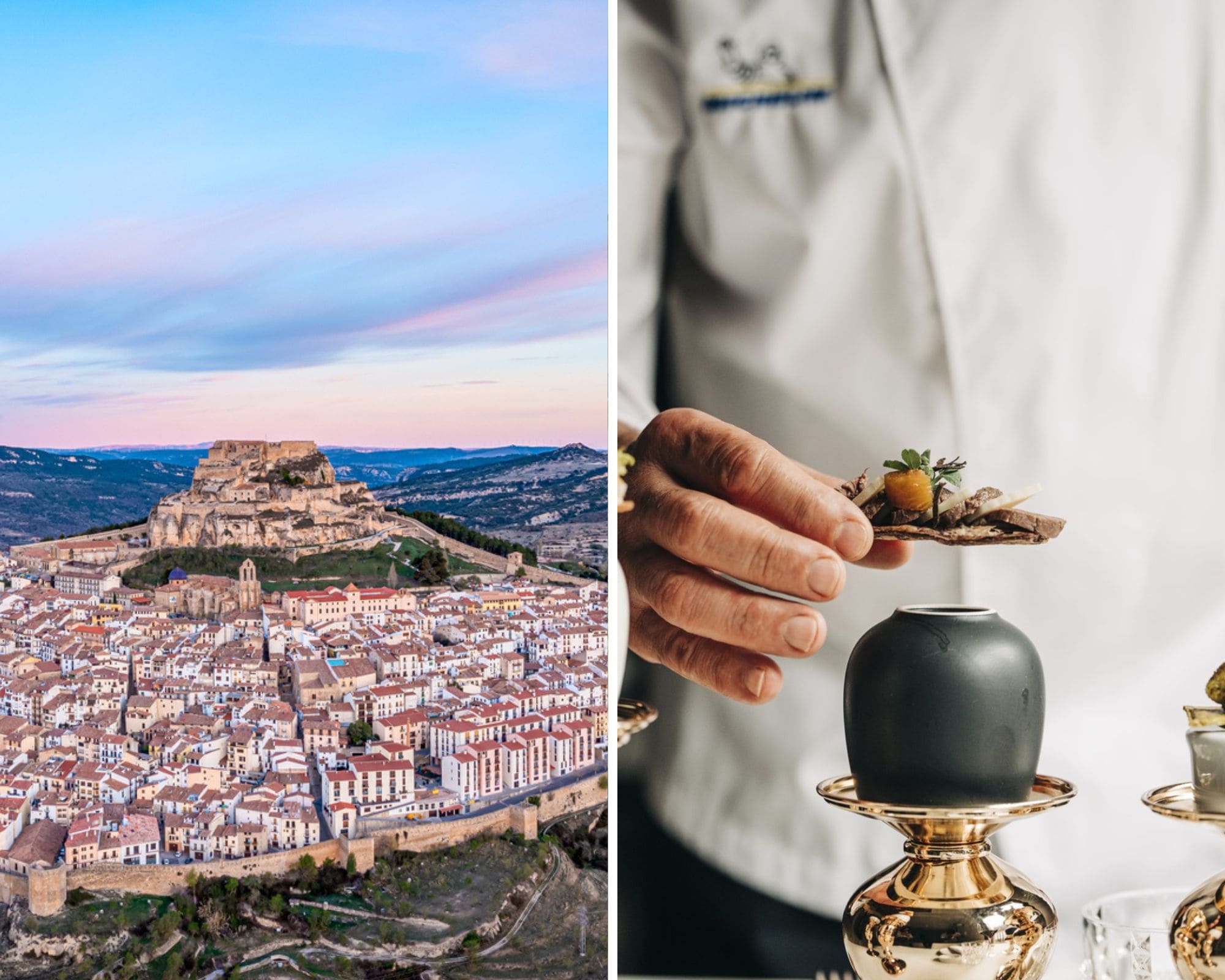 La localidad castellonense de Morella, a vista de pájaro, y la cocina local de temporada de Daluan. © Izquierda: Agnieszka Glowala/iStock. / Derecha: © Daluan