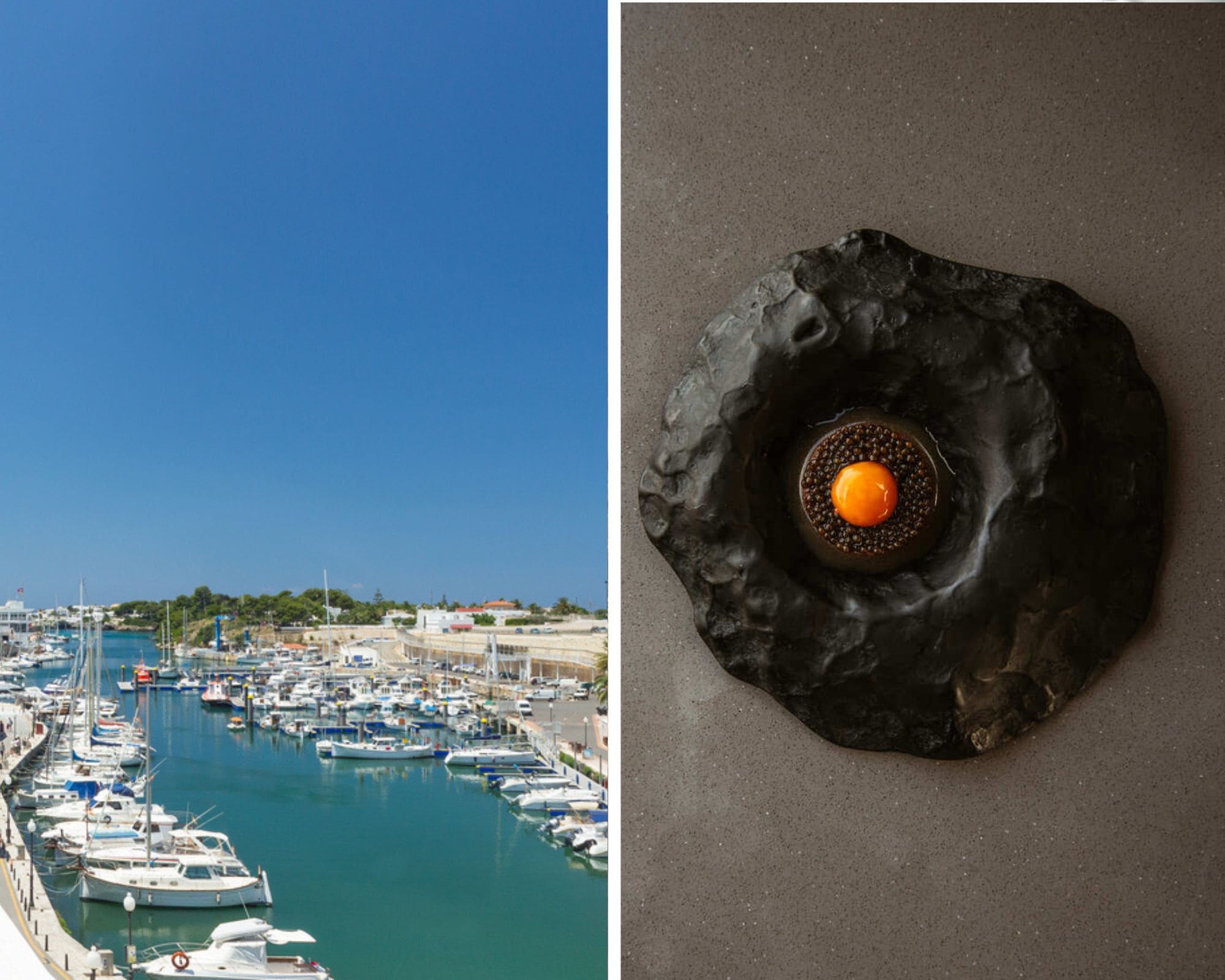 Puerto marítimo de Ciutadella, en Menorca, y la sorprendente puesta en escena de Godai, un restaurante con recetas japonesas/menorquinas. © Izquierda: Rulan/iStock. / Derecha: @Luana Failla/Godai