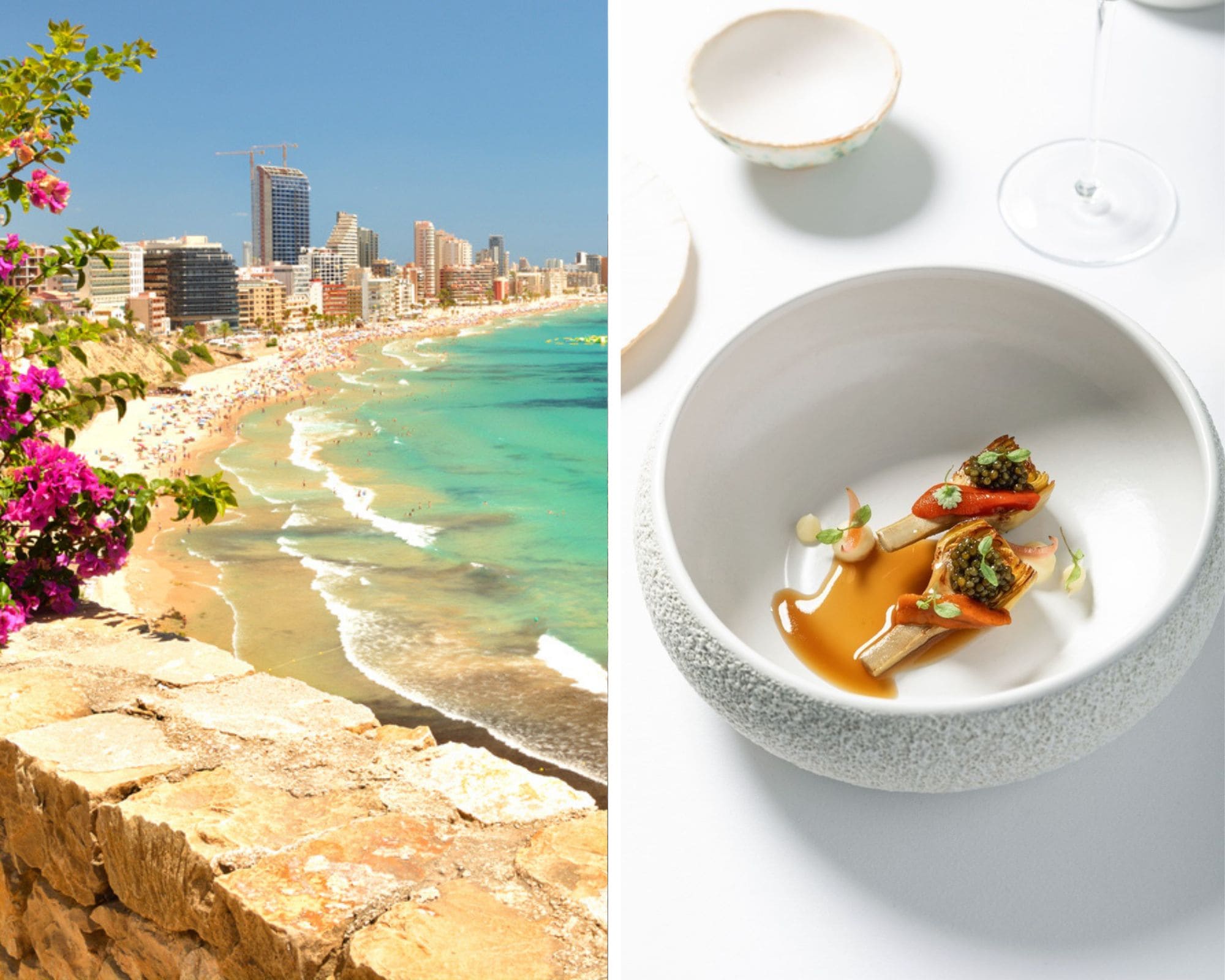 La playa de Calp y la cocina transalpina fusionada, con dos menús degustación, de Orobianco. © Izquierda: Leesle/iStock. / Derecha: © Foko Estudios/Orobianco