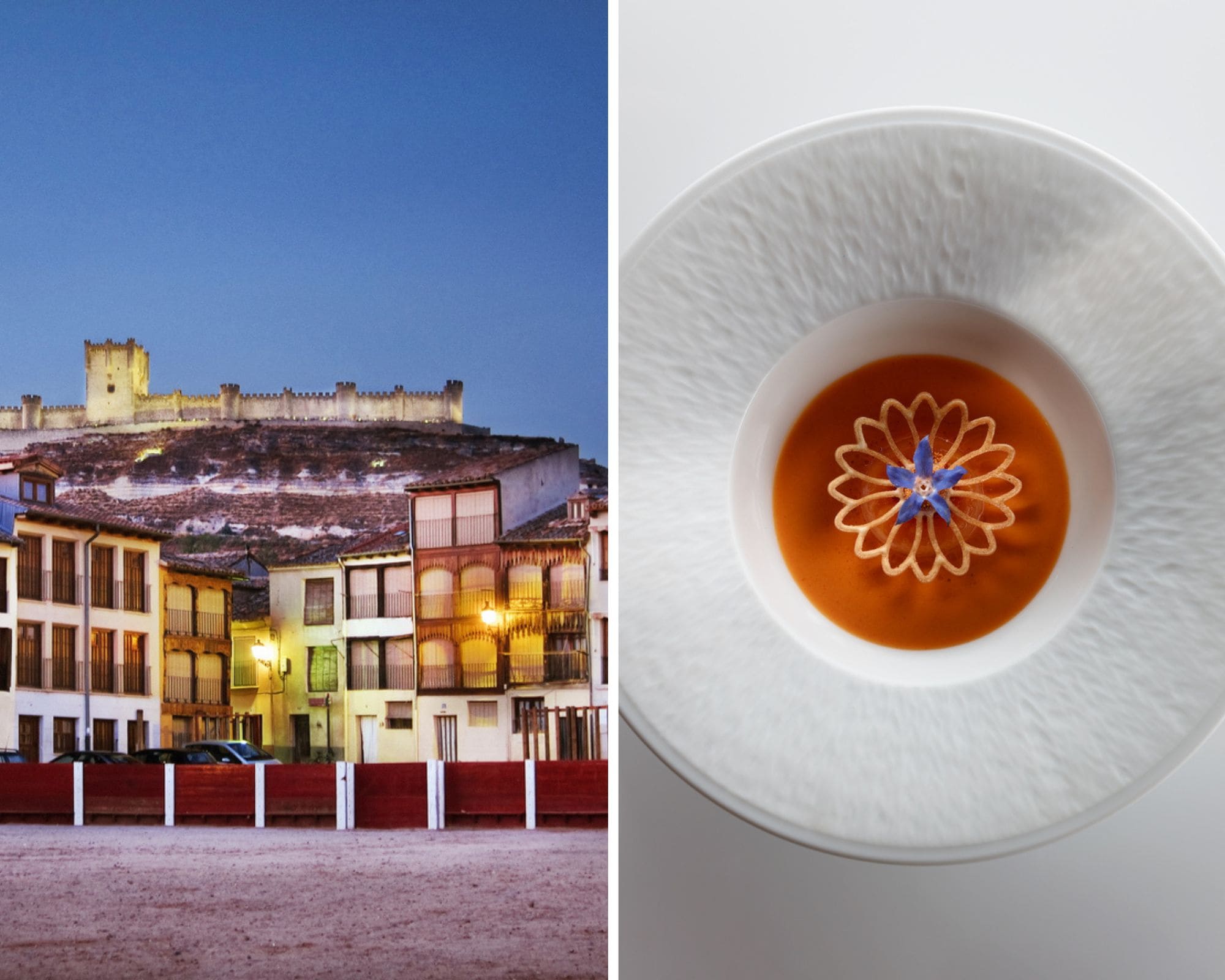 Plaza del Coso con el castillo de Peñafiel al fondo, y uno de los platos del chef Cristóbal Muñoz, del restaurante Ambivium. © Izquierda: demachi/iStock. / Derecha: © José Luis López de Zubiría/Ambivium