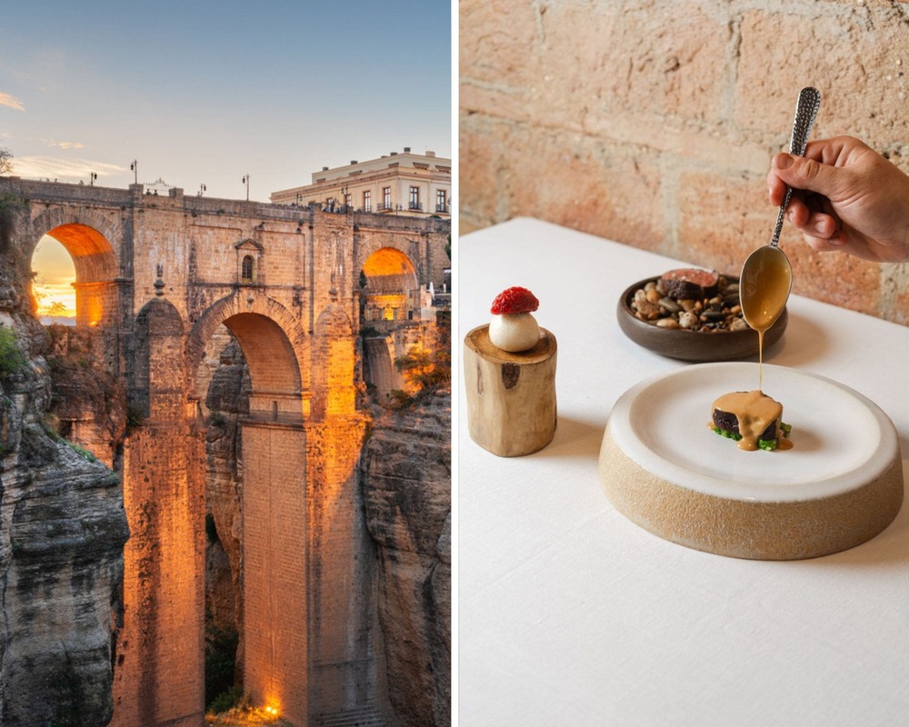 El puente Nuevo de Ronda y la cocina creativa del chef Benito Gómez, de Bardal. © Izquierda: Sean Pavone/iStock. / Derecha: © GOMA/Bardal