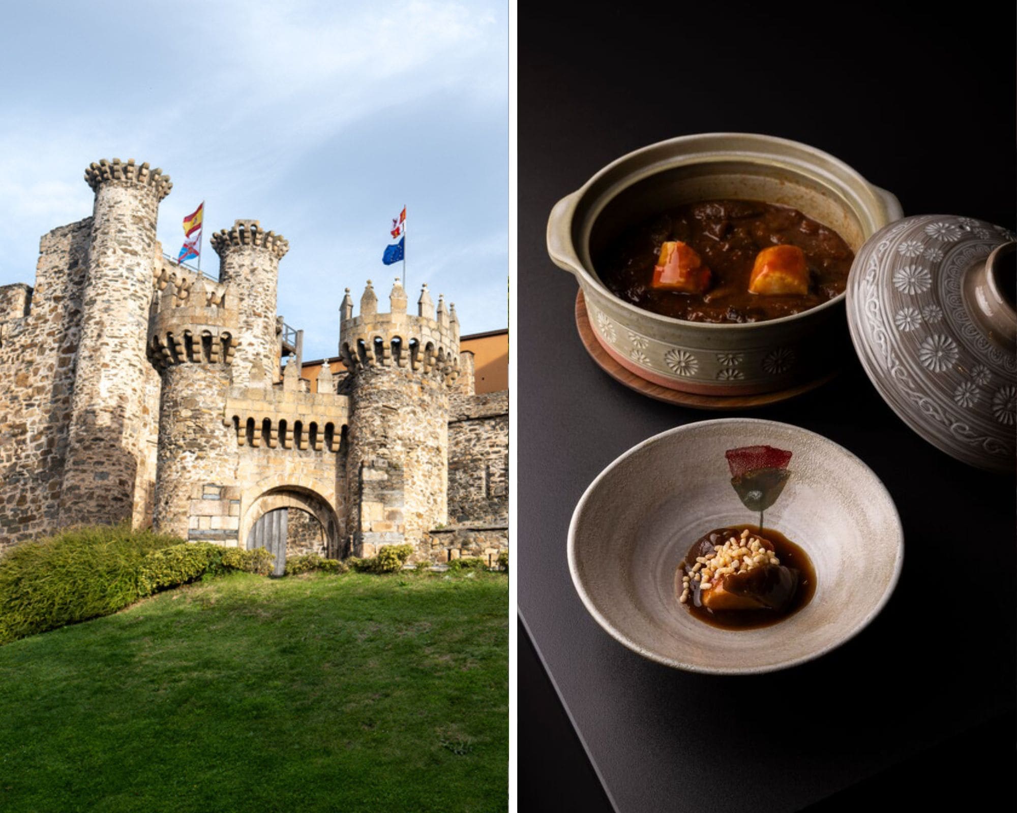 El Castillo de los Templarios de Ponferrada y uno de los pases del menú degustación 'Viaje a Japón', del restaurante Mu•na. © Izquierda: Sebastián Fernández/iStock. / Derecha: © Mario De la Torre/Mu•na