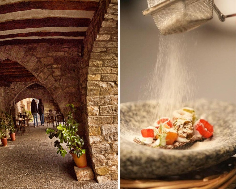 Plaza Mayor de la villa medieval de Aínsa y la propuesta gastronómica de Callizo, con los sabores de la comarca de Sobrarbe. © Izquierda: Al Carrera/iStock. / Derecha: Montaner para Callizo/Callizo