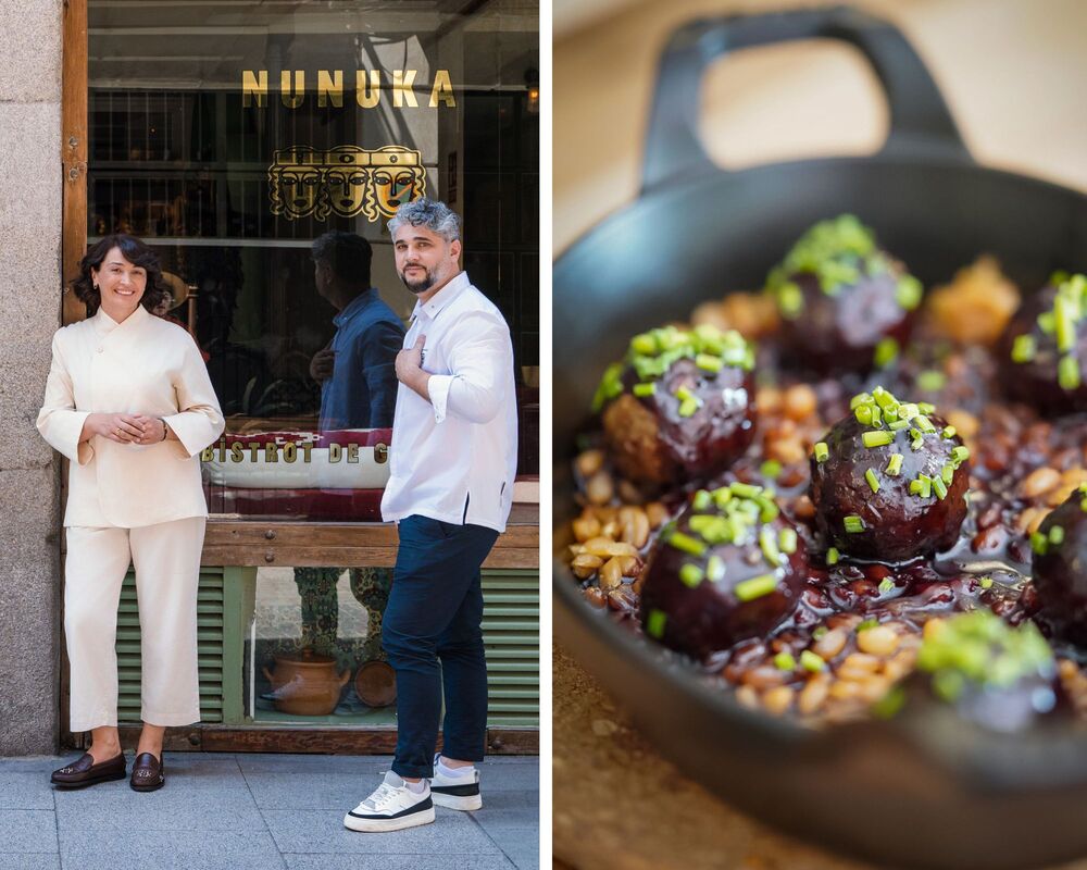 En Madrid, en la entrada de Nunuka: Nino Kiltava, su fundadora, y David Narimanashvili, su chef. Uno de los platos de cocina georgiana del restaurante. © Izquierda: Nino Kiltcava. / Derecha: Nunuka