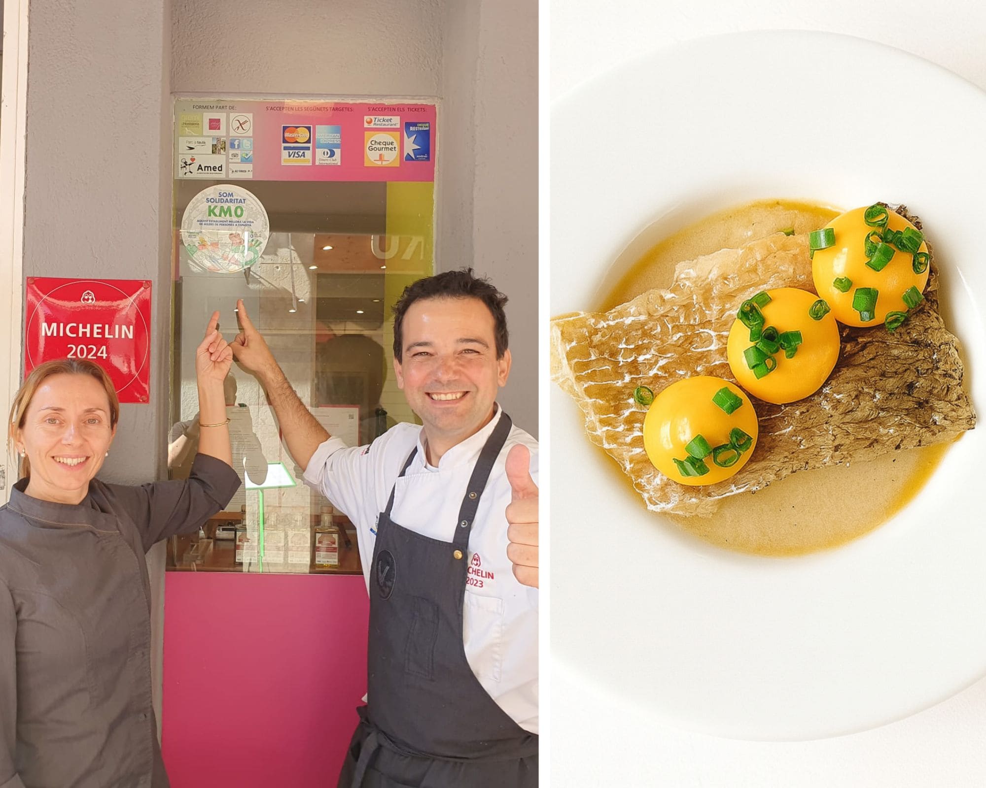 Inma y Sergio recibieron el sello Somos Solidaridad Km 0 por la participación del restaurante El Cel de les Oques en la iniciativa Restaurantes contra el Hambre en el 2024. A la derecha, uno de los platos del restaurante, que ofrece cocina tradicional con un toque moderno. © El Cel de les Oques